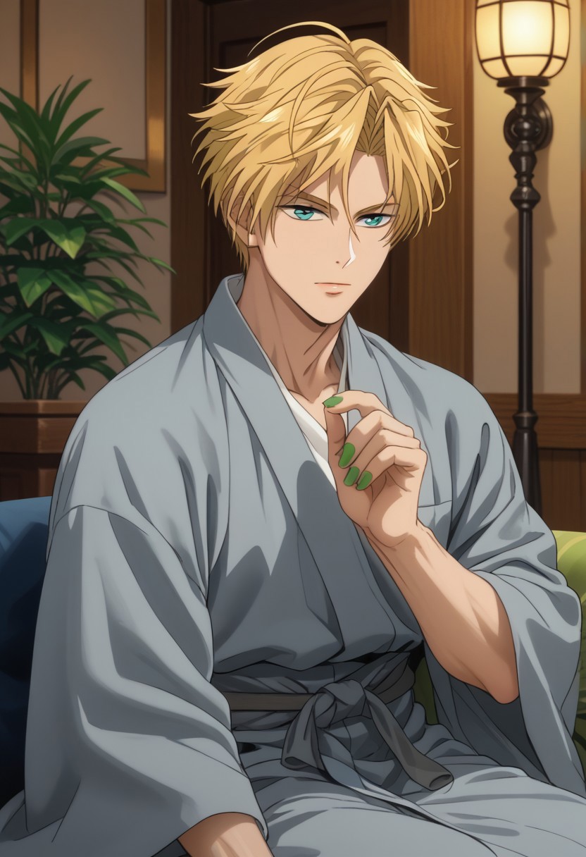 score_9, score_8_up, score_7_up, source_anime, rating_safe, Satobey, 1boy, male focus, anime screencap, green finger nails, grey yukata, sitting, hand with five fingers,