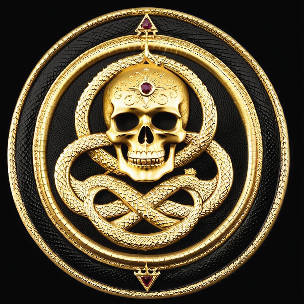 Black and gold medallion featuring a skull and crossbones symbol in the center of the medallion, skull_graphics,  a golden ouroboros on the outer edge of the medallion. the boarder around the medallion is a snake eating its tail, intricate engraved black background, very detailed, high resolution. Rubies are used for the skull eyes. A green emerald is used for the snake’s eye.