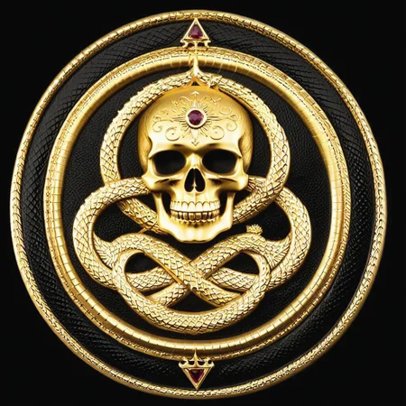 Black and gold medallion featuring a skull and crossbones symbol in the center of the medallion, skull_graphics, a golden ouroboros on the outer edge of the medallion. the boarder around the medallion is a snake eating its tail, intricate engraved black background, very detailed, high resolution. Rubies are used for the skull eyes. A green emerald is used for the snake’s eye.