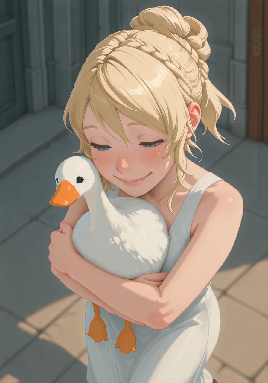 embedding:IllusP0s, g00se, from above, hugging goose, hug, 1girl, solo, loving, smile, Lunafreya Nox Fleuret, blonde hair, hair up, braid, asymmetrical bangs, sleeveless dress, white dress, blue eyes<lora:g00se_v2_ill.safetensors:1.0:1.0> <lora:Lunafreya_Nox_Fleuret_ill.safetensors:1:1>