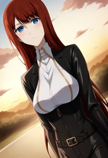 Ultra-high-detailed Anime illustration of Kagari Shiina. The artwork features Kagari in a solo, face focus, upper body, standing position with a outdoors, street background. She is depicted with intricate details showcasing her big_breasts, natural_breasts. She is a white skinned, 22 years old woman. Kagari is looking_at_viewer with perfect_eyes, Her pupils are highly detailed. The eyes are open. blue eyes. Kagari's eyes are highlighted. Highlighted eyevrows. She has long_hair, red_hair styled in floating_hair, shiny_hair and bangs. She is wearing a  motorcycle suit, black_motorcycle suit, full body motorcycle suit with black gloves, black belt and black shoes. The artistic style is intricate_details_xl with a focus on Anime art. The color palette emphasizes red and black with detailed strokes to bring out the character's features. The lighting creates dramatic shadows and highlights, adding depth to the artwork. The perspective is from a face focus, dutch angle to enhance the impact of the character's expression. This masterpiece is a true portrayal of Kagari's complex personality and will captivate any fan of Kagari.