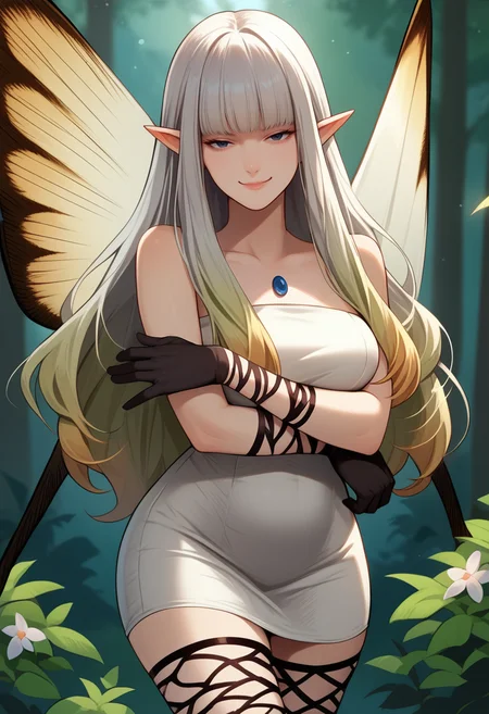 score_9, score_8_up, score_7_up, source_anime, 1girl, solo, cowboy shot, arms under breasts, looking at viewer, smug, smirk, mature female, wide hips, BREAK <lora:AiryBD-pdxl:1> airyBD, long hair, blunt bangs, gradient hair, pointy ears, white dress, short dress, strapless, fairy wings, black gloves, fishnet gloves, fishnet thighhighs, outdoors, forest