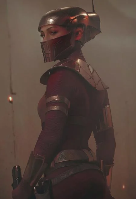 score_9, score_8_up, score_8_up, masterpiece, high detail, best quality, 1girl, solo, Zorii Bliss from Star Wars, standing, looking at viewer, helmet, (((black visor))), maroon bodysuit, bronze armor, shoulder plates, bracers, belt with buckle, tight holsters, dual holsters, holding gun, knee-high boots, leather boots, outside, desert, upper body, from behind, looking at viewer, in high noon, detailed background