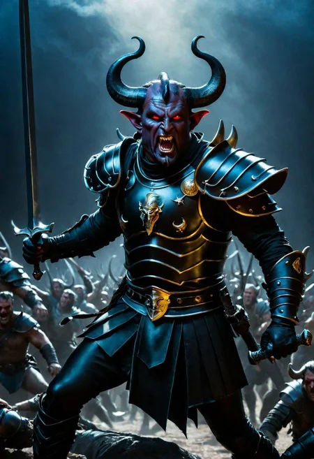 A professional 8k photograph was captured by Sid Avery's Hasselblad camera, depicting a handsome+ Tiefling general with pink++ skin and slender build during a battle+++, surrounded by goblins+, He has long+ silver++ hairs, neon yellow eyes, handsome detailed face,  mysterious and ominous aura of dark shadows enveloping the figure, Lovecraftian Horror-themed, in the artistic style of Boris Vallejo, Shadows casting an uncanny atmosphere, hints of eldritch dark energy crackling, He is dressed in a legionnaire black armour, high details and era-appropriate, He is wielding a magical Messer (sword)++ in the right hand, and he is holding a Roman shield++ is the left hand, Backdrop (background) of a focused scene of a battle, Mysterious composition, imbued with a dark, ambient 3d warm studio backlight.