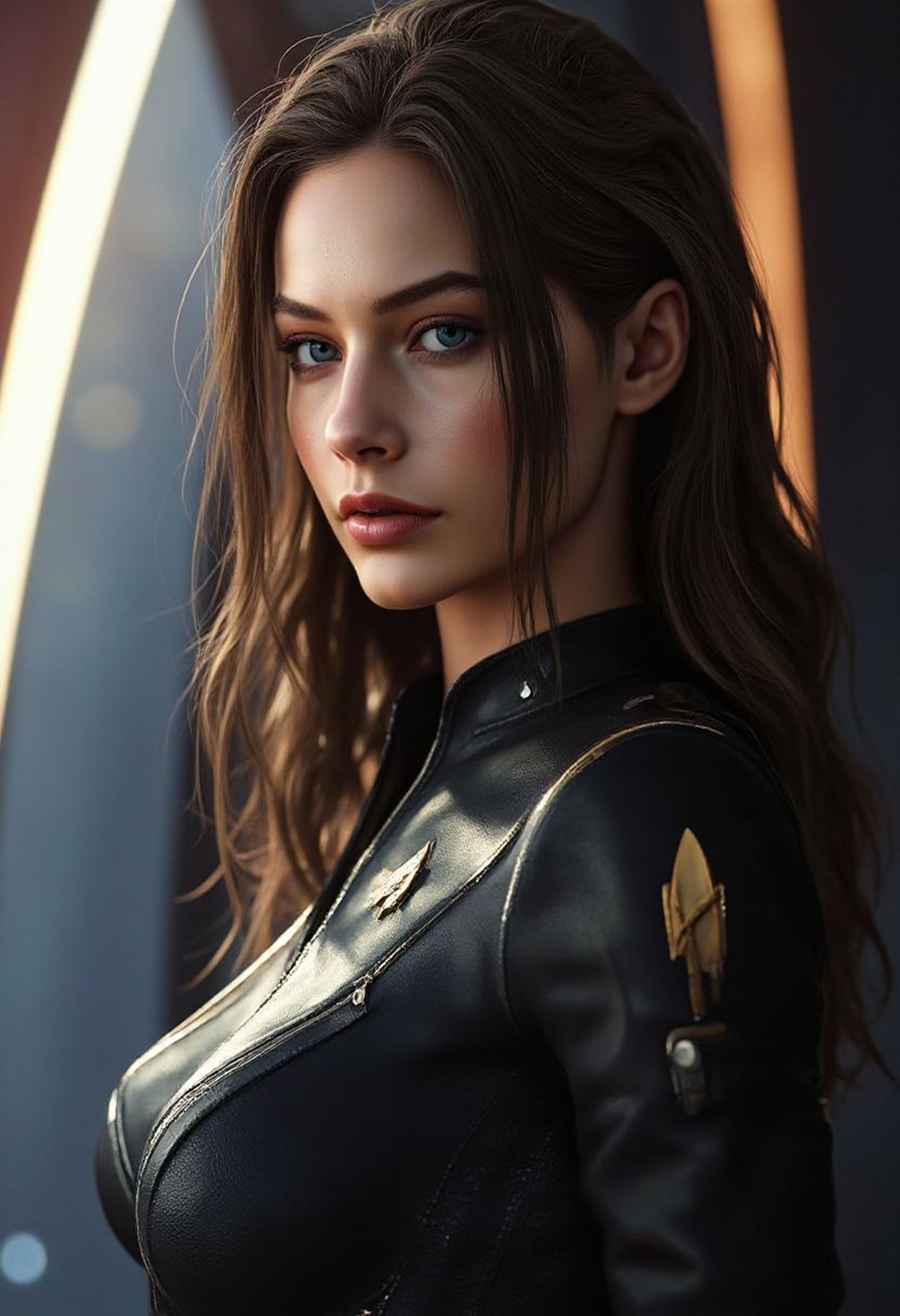 8K HDR photograph showcasing the commanding presence of ClaireRedRE2, Star Fleet Officer. She stands confidently in front of a panoramic view of a vibrant, otherworldly planet. Her radiant brown hair cascades down her shoulders as she dons an advanced, metallic black uniform that accentuates her curves. A small gold star fleet symbol on her left shoulder denotes her esteemed rank. Soft, golden light pours through the large window, illuminating her striking features. Captured with utmost detail using a high-end camera (Fujifilm XT3) and precision optics at F/8, this photo-realistic portrait exudes authority, poise, and intergalactic intrigue.