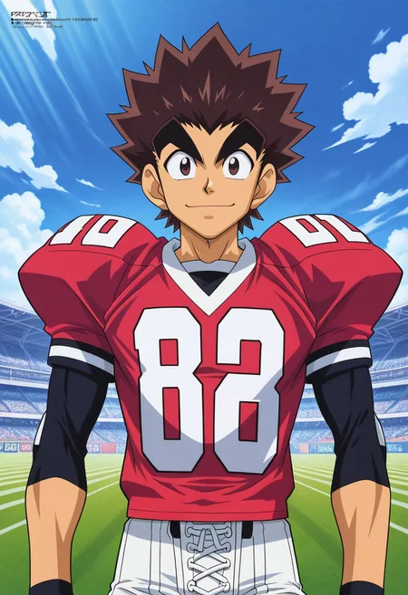 official art, male, High Quality, perfect anatomy, HD, anime style, break
TAROU RAIMON, 1boy, alone, brown hair, big human ears, thick eyebrows, dark brown eyes, athletic build, smiling, posing, looking at viewer, football uniform, tight uniform, red and white uniform, football field