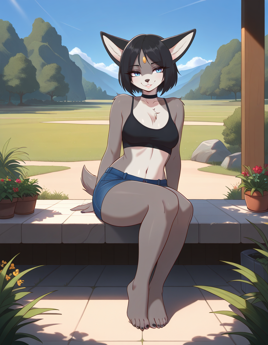 masterpiece, best quality, very aesthetic, absurdres,
outdoors,
full body, seductive smile, parted lips, long eyelashes,
<lora:Iris_v01_NAIXL:1>
1r15,1girl,solo,furry,furry female,black hair,short hair,black hair,blue eyes,animl nose,snout,choker,body fur,grey fur,tail,