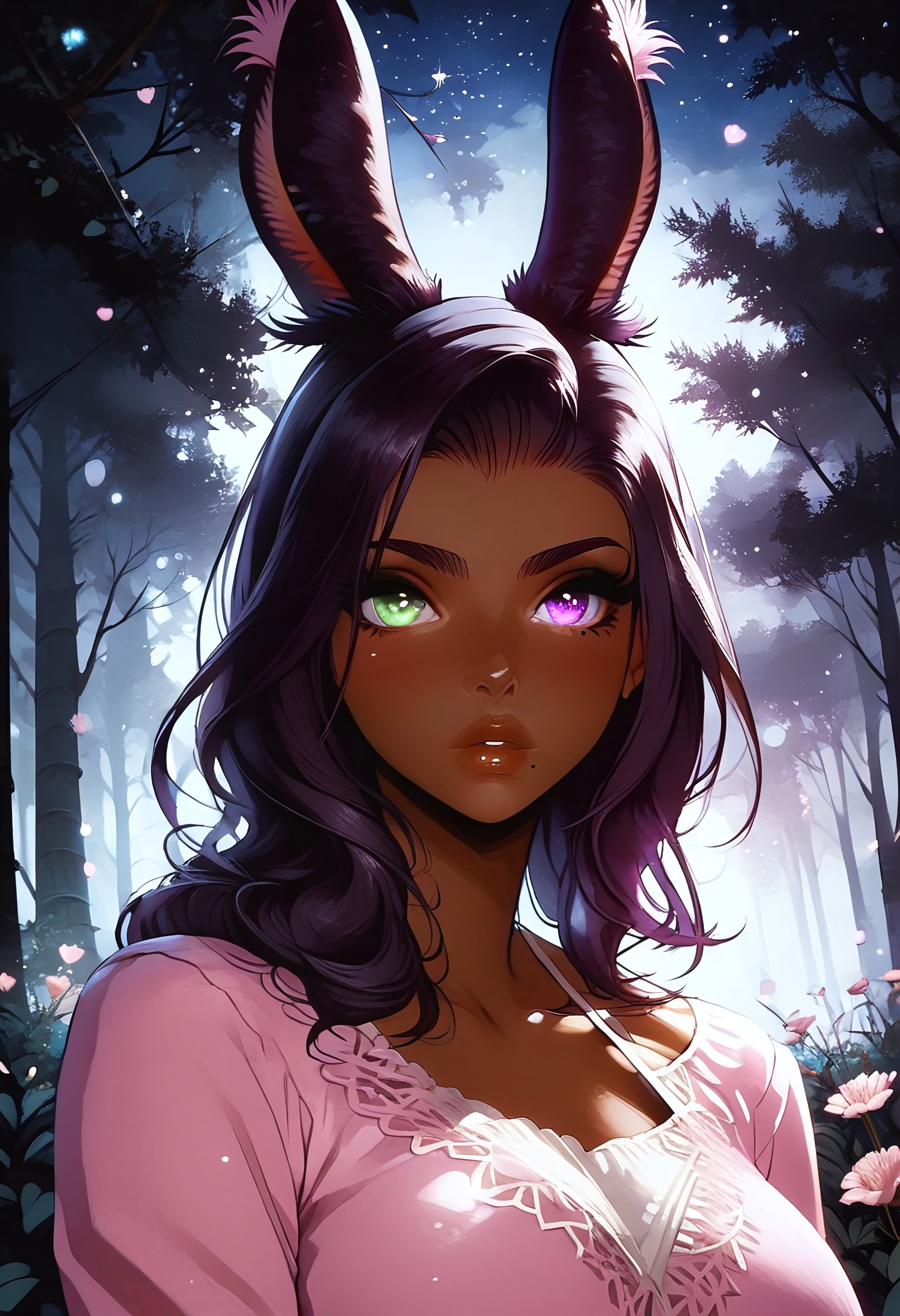 safe_pos, sexy skater girl, FFXIV_Viera, score_9, score_8_up, score_8_up, 1girl, hour glass figure, ((semi dark skinned woman)) large breasts, perfect breasts, close up, perfect round ass, seductive face, seductive, biting finger seductively, ((pink halter neck top with a crochet top over it)), beauty mark under eye, no ears, skater clothes, tease, high res image, masterpiece, dark eyeliner, long eyelashes, high contrast shadows, dark pupils, <lora:Expressive_H:0.65> <lora:incase-ilff-v3-4:0.5> <lora:g0th1cPXL:0.45> <lora:princess_pony_v1:0.1> <lora:Branwen_QBR:0.7> black hair, long hair, bangs, ((large expressive green and purple eyes)), forest, night, grass, tree, path, detailed eyes, high gradient eyes, high definition eyes, close up, heterochromia