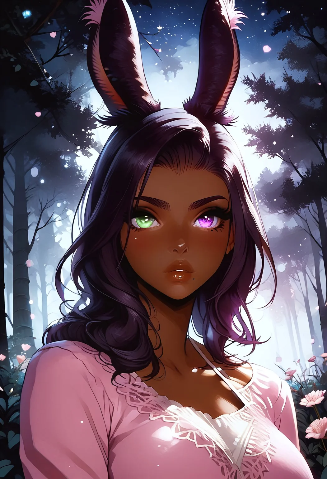 safe_pos, sexy skater girl, FFXIV_Viera, score_9, score_8_up, score_8_up, 1girl, hour glass figure, ((semi dark skinned woman)) large breasts, perfect breasts, close up, perfect round ass, seductive face, seductive, biting finger seductively, ((pink halter neck top with a crochet top over it)), beauty mark under eye, no ears, skater clothes, tease, high res image, masterpiece, dark eyeliner, long eyelashes, high contrast shadows, dark pupils, <lora:Expressive_H:0.65> <lora:incase-ilff-v3-4:0.5> <lora:g0th1cPXL:0.45> <lora:princess_pony_v1:0.1> <lora:Branwen_QBR:0.7> black hair, long hair, bangs, ((large expressive green and purple eyes)), forest, night, grass, tree, path, detailed eyes, high gradient eyes, high definition eyes, close up, heterochromia