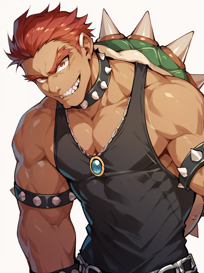 score_9, score_8_up, score_7_up, score_6_up, score_5_up,   <lora:bowserXLP:1> bowser, spikes, 1boy, solo, red hair, muscular, human, tan, black tank top