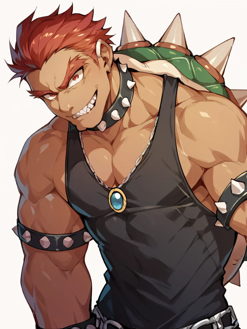 score_9, score_8_up, score_7_up, score_6_up, score_5_up, <lora:bowserXLP:1> bowser, spikes, 1boy, solo, red hair, muscular, human, tan, black tank top