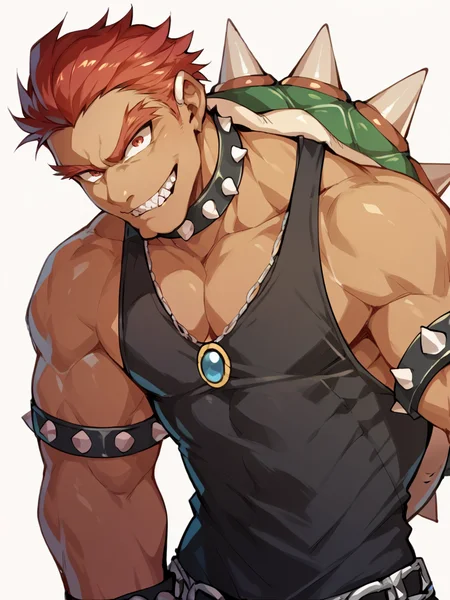 score_9, score_8_up, score_7_up, score_6_up, score_5_up, <lora:bowserXLP:1> bowser, spikes, 1boy, solo, red hair, muscular, human, tan, black tank top