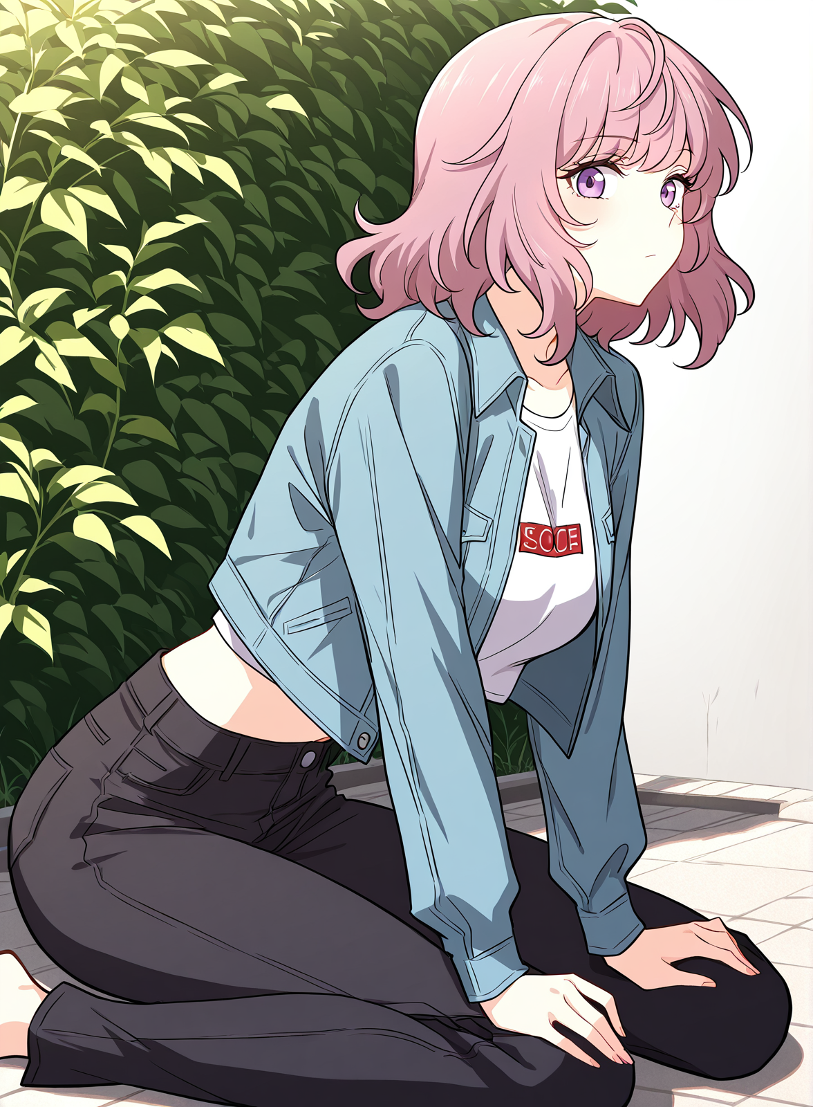 <lora:Immortal_Swordsman_In_The_Reverse_World__Chu_Xiao:1>
1 girl, solo, medium hair, wavy hair, pink hair, purple eyes, 
white  t-shirt, cropped t-shirt, light blue open jacket, black skinny pants, casual outfit, 
score_9, score_8_up, score_7_up, masterpiece, best quality, absurdres, perfect anatomy, 1girl, solo, wariza, sitting, hands on own knees, garden background