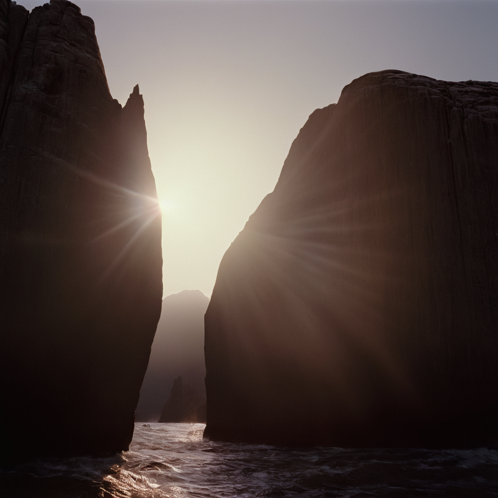 cinematic film still of  <lora:Ron Fricke style:1>
a large rock formation with a sun shining through it,outdoors,sky,water,no humans,sunlight,scenery,lens flare,sunset,sun , realistic, realism, movie still, film grain, kodak film, film contrast, film color, cinematography, documentary, photography, 70 mm film, 65 mm film, Todd-AO, Todd-AO 35, 8K resolution, Ron Fricke film director style, Ron Fricke film directing style, Ron Fricke style, shallow depth of field, vignette, highly detailed, high budget, bokeh, cinemascope, moody, epic, gorgeous, film grain, grainy