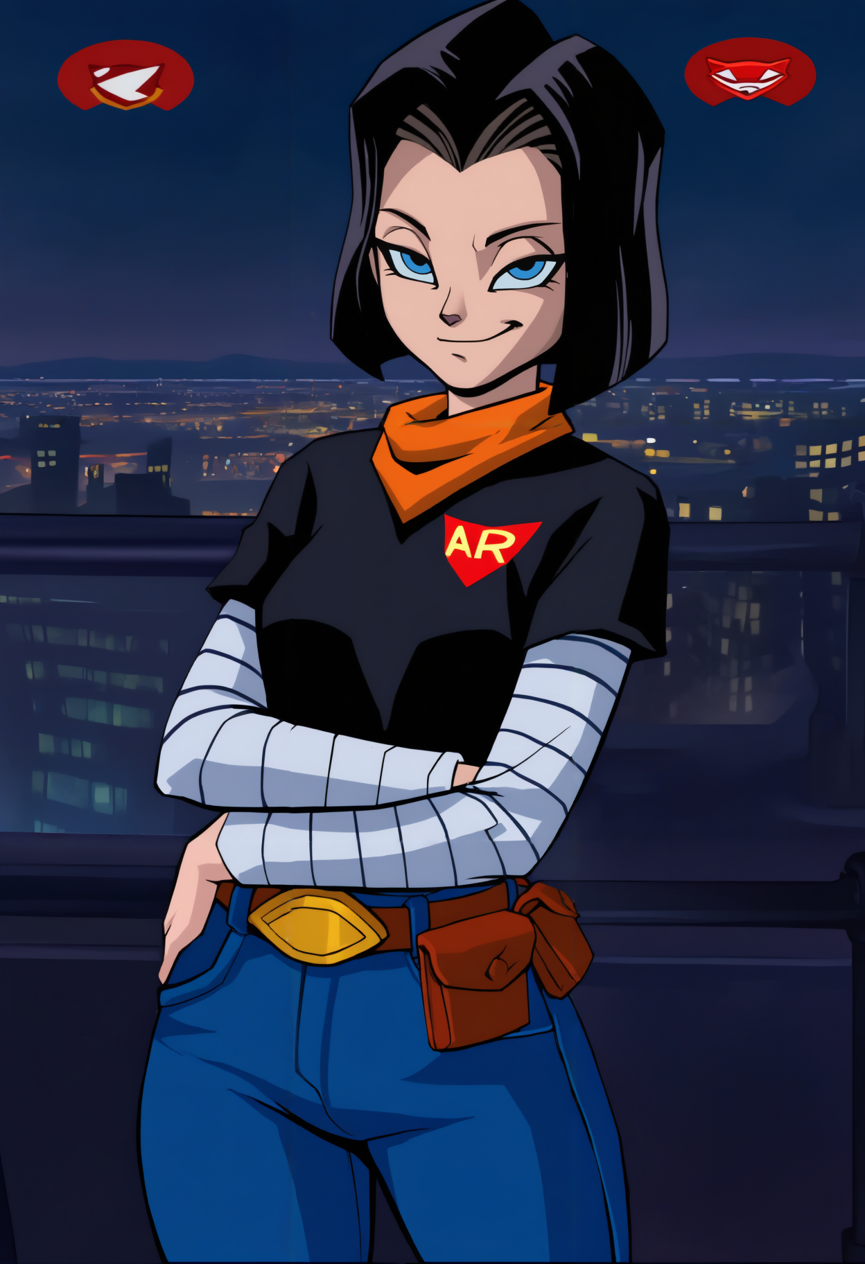 masterpiece, best quality, newest, hdr, dark, night, cityscape, building, city lights, outdoors, closed mouth, 1girl, solo, small breasts, android 17, red ribbon army, blue eyes, black hair, short hair, parted hair, orange bandana, bandana around neck, black shirt, shirt tucked in, long sleeves undershirt, white undershirt, layered sleeves, short over long sleeves, brown belt, jeans, belt pouch, smug, grin
crossed arms, looking at viewer, 
co0p1r, game cg, game screenshot, fake screenshot <lora:Sly Cooper Style:1>