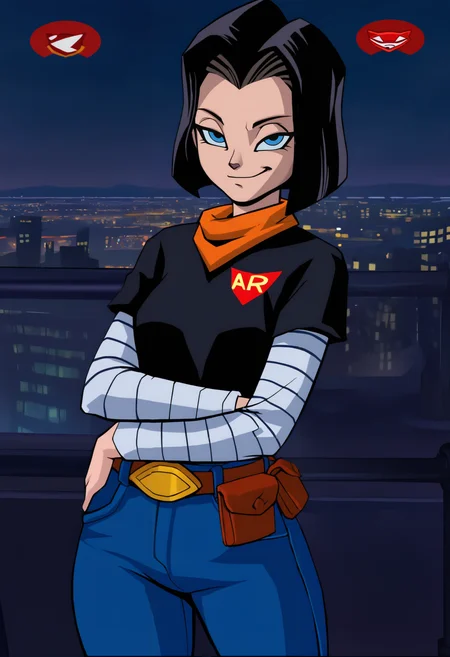 masterpiece, best quality, newest, hdr, dark, night, cityscape, building, city lights, outdoors, closed mouth, 1girl, solo, small breasts, android 17, red ribbon army, blue eyes, black hair, short hair, parted hair, orange bandana, bandana around neck, black shirt, shirt tucked in, long sleeves undershirt, white undershirt, layered sleeves, short over long sleeves, brown belt, jeans, belt pouch, smug, grin
crossed arms, looking at viewer,
co0p1r, game cg, game screenshot, fake screenshot <lora:Sly Cooper Style:1>