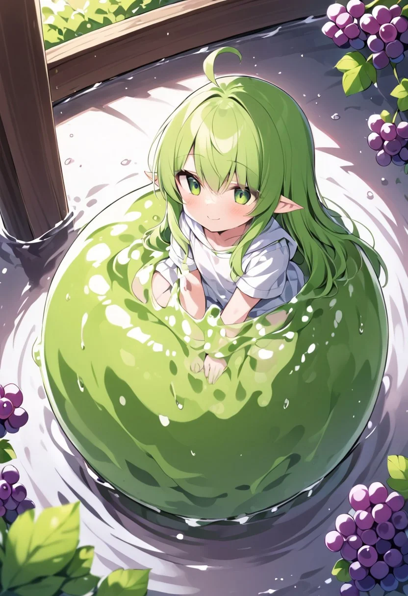 (masterpiece), (score_9, score_8_up, score_7_up,source_anime), 4K8K, best quality, high res image, illustration, Uncorrected, CG, 
(girl view from above. look-doen angle:1.3), from behind, 
1 elf woman sitting on a giant white grape slime, pretty white slime, (lot of white grape cubes around woman), (hair over breasts, long hair, hair censor:1.4), twinkle grape cube, 
slime, slime like a white grape, white grape slime, see-through slime, 
BREAK
small breasts, elf ears, 
(gradient hair, green hair, very long hair, Bangs covered eyes, ahoge, hair over breasts, hair censor), 
(hair blind eyes, half opened eyes, jitome, smile), 
wearing hooded robe, linen dress, culottes, denim short culottes, 
in orchard, fruit orchard, fruits trees,