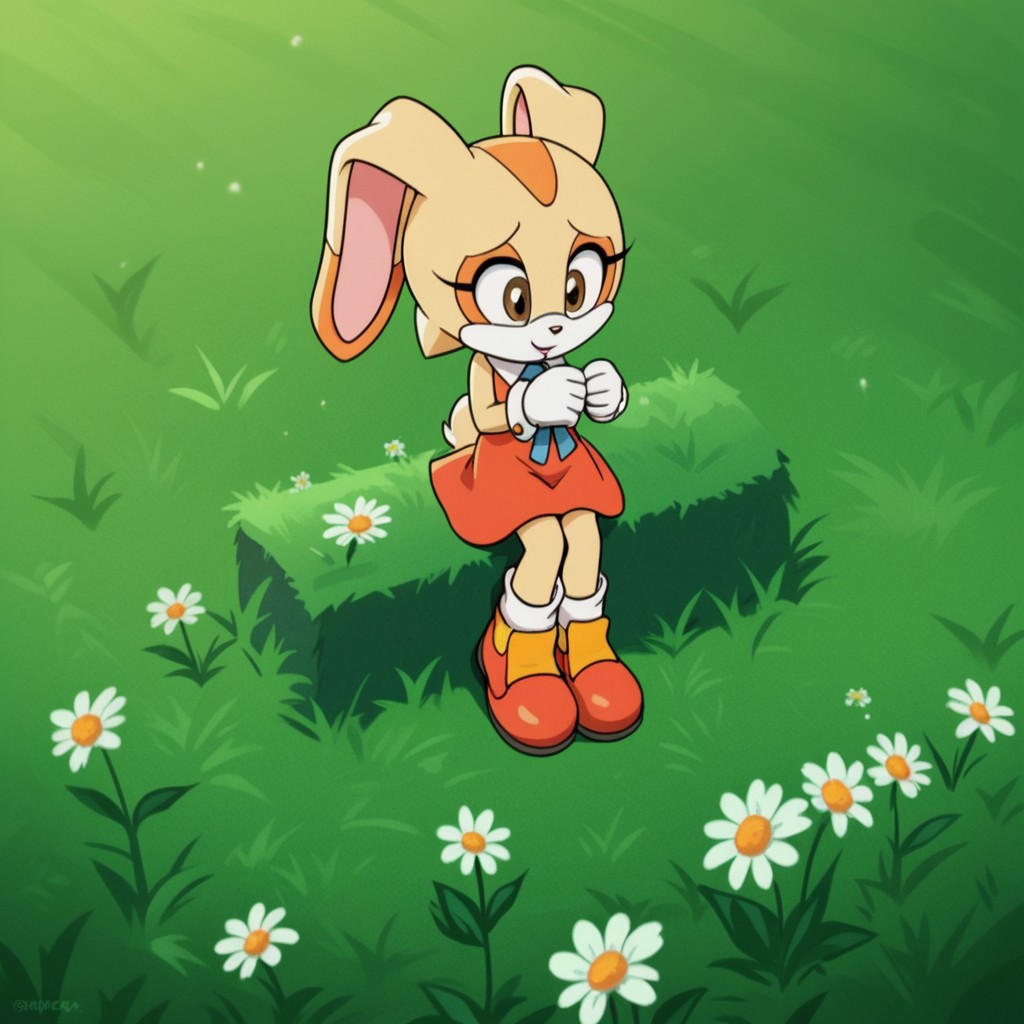score_9, score_8_up, score_7_up, score_6_up, score_5_up, score_4_up, source_furry, CreamSonX, anthro, female, rabbit, tan fur, brown eyes, orange dress, blue cravat, orange shoes, sleeveless dress, sitting, in a field, picking flowers, solo, 1girl
