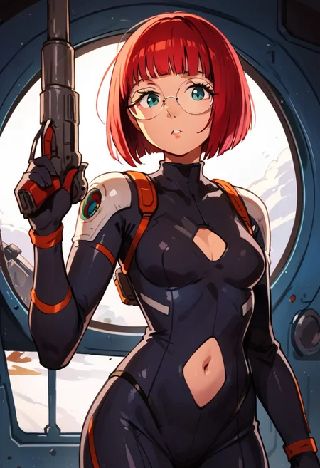 score_9, score_8_up, score_7_up, solo, 1girl,
round eyewear, glasses, parted lips, hip vent, navel_cutout, nylon, bodysuit, spacesuit, raygun, blunt bangs, bob cut,