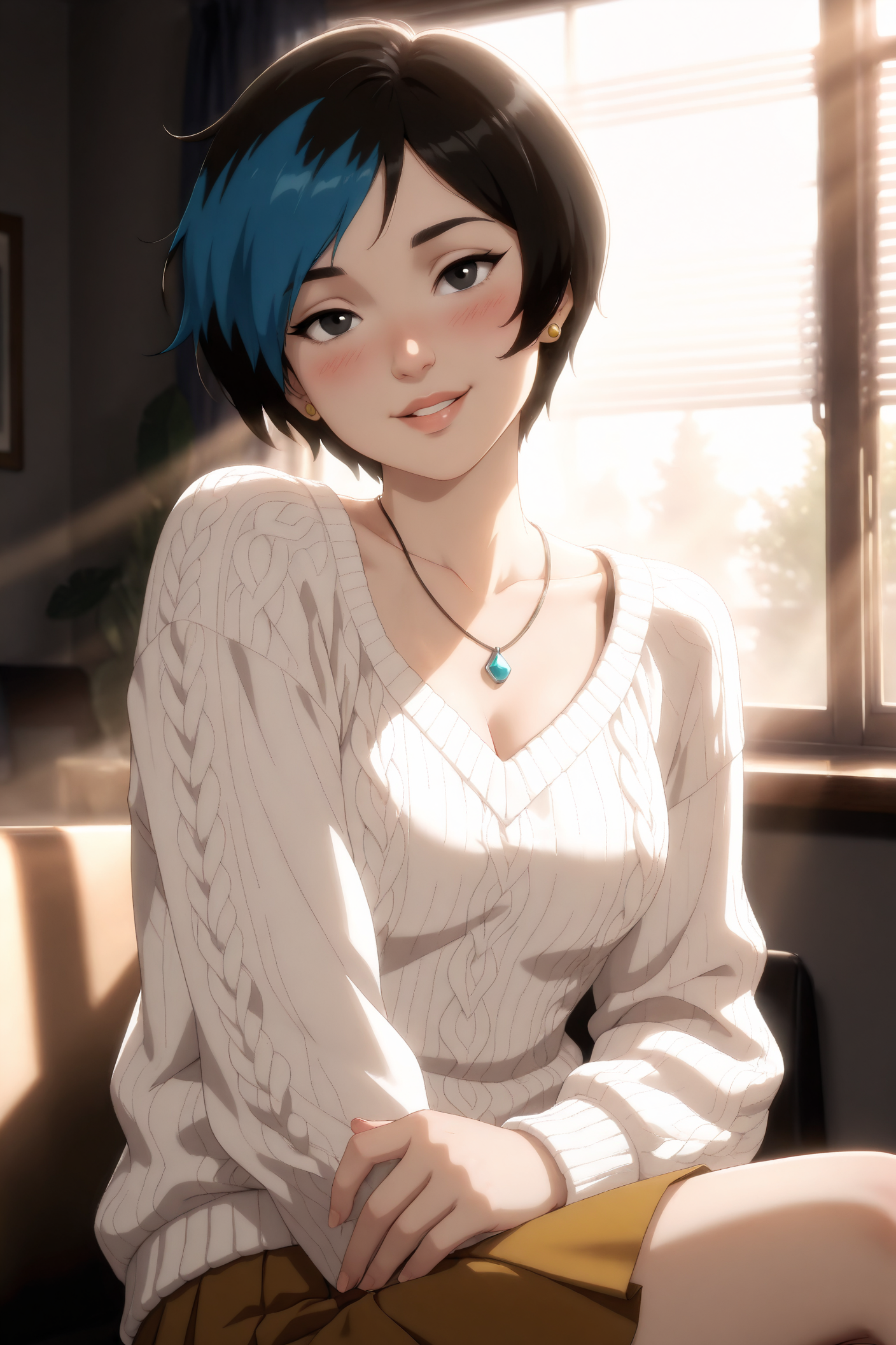 LaVictoria, BREAK, attentive, masterpiece, detailed, best quality, amazing quality, very aesthetic, absurdres, highres, newest, BREAK, multicolored hair, black hair, blue hair, lips, black eyes, short hair, jewerly, earrings, small breasts, BREAK, 1girl, solo, breasts, looking at viewer, blush, smile, bangs, skirt, long sleeves, cleavage, jewelry, sitting, collarbone, pleated skirt, parted lips, day, indoors, necklace, sweater, lips, head tilt, window, sunlight, crossed legs, brown skirt, white sweater, yellow skirt, cable knit, aran sweater