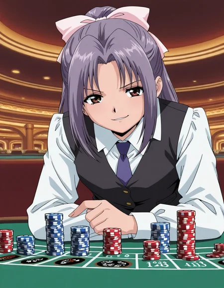 <lora:ghost-stories-v2-illustrious-000008:0.9> 1girl, solo, koigakubo, hair bow, necktie, vest, white shirt, smirk, casino, poker chip, masterpiece, best quality