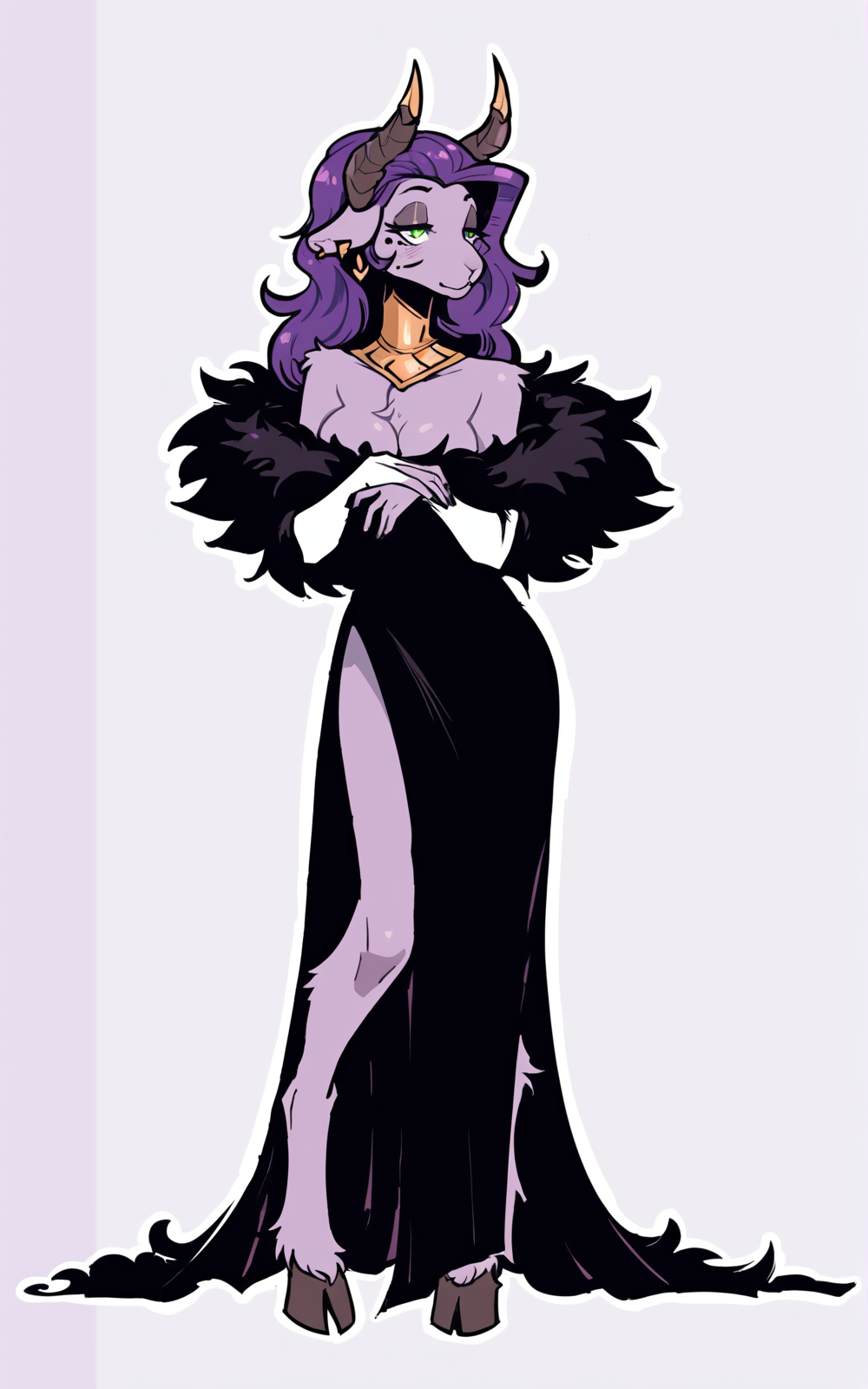 score_9, score_8_up, score_7_up,((best quality)), absurdres, ((full body)), <lora:BolivanteStyle:0.8>,   <lora:RhokzanPXL:0.9>,RhokzanPXL,long hair, breasts, dress, animal ears, cleavage, jewelry,  green eyes, purple hair, earrings, horns,black dress, mole under eye, half-closed eyes, bridal gauntlets, furry, furry female, body fur, snout,side slit, hooves, white background,fur trim,slim,purple skin, standing