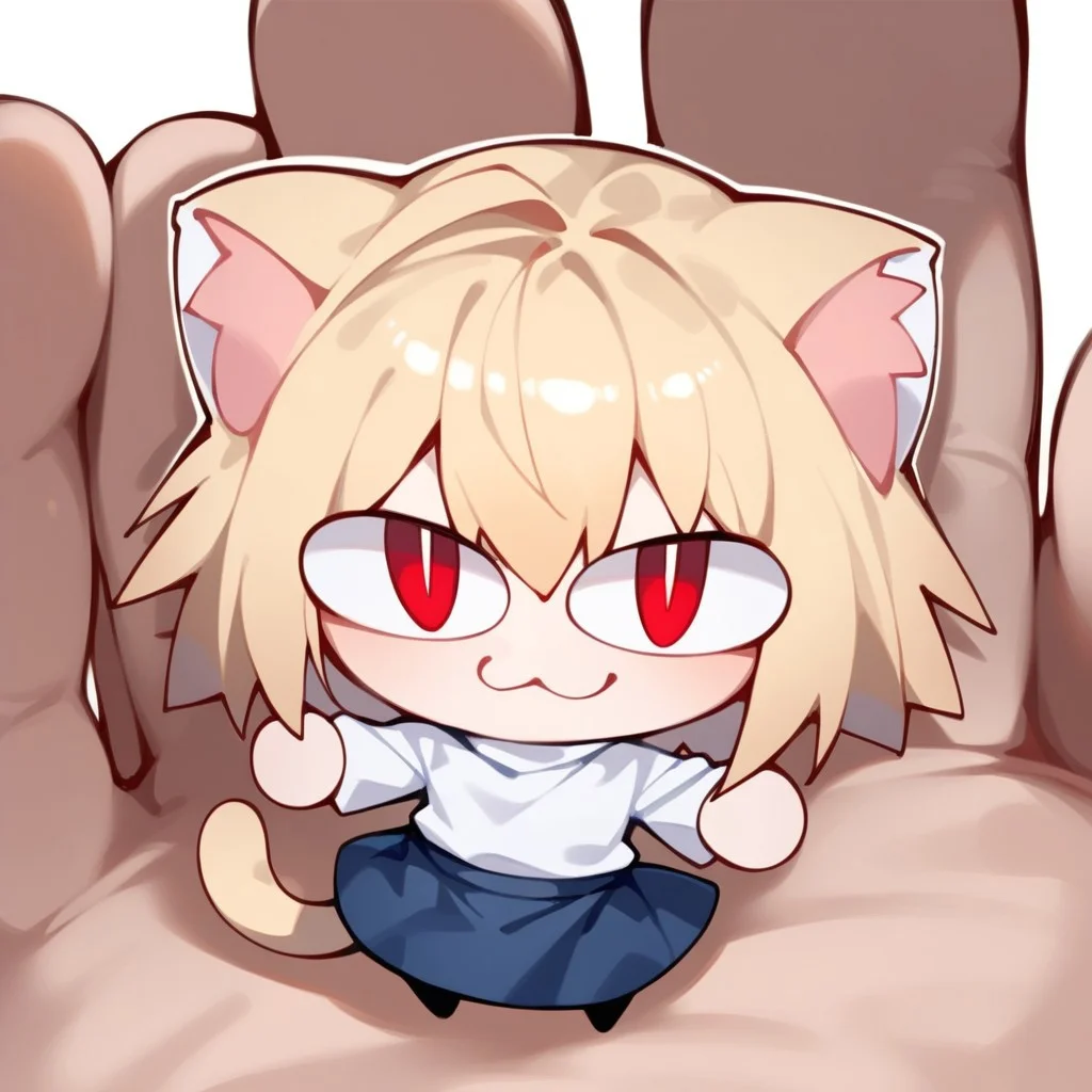 ng_deepnegative_v1_64t, score_9, score_8_up, score_7_up, Expressiveh, very detailed, white outline, arms crossed, smug, high quality, necoarc, blonde hair, red eyes, slit pupils, cat ears, :3, chibi, turtleneck, tail, close up, white shirt, blue skirt, a <necoarc> aiming a pistol at the viewer