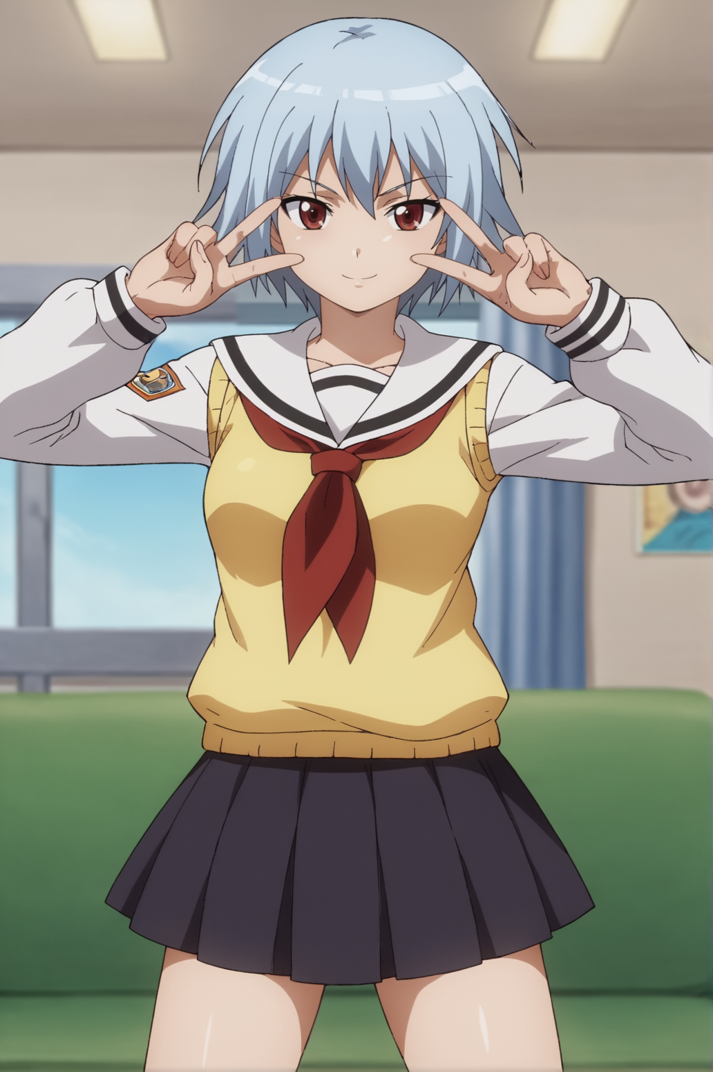 score_9, score_8_up, score_7_up,anime_source, source_anime, best background, detailed background, anime screencap,  Sen, school uniform, serafuku, skirt, solo, sweater vest, seductive body, sexy, victory fingers, victory pose, legs apart,  indoors,  <lora:JN_Sen_Yarizui:0.8>