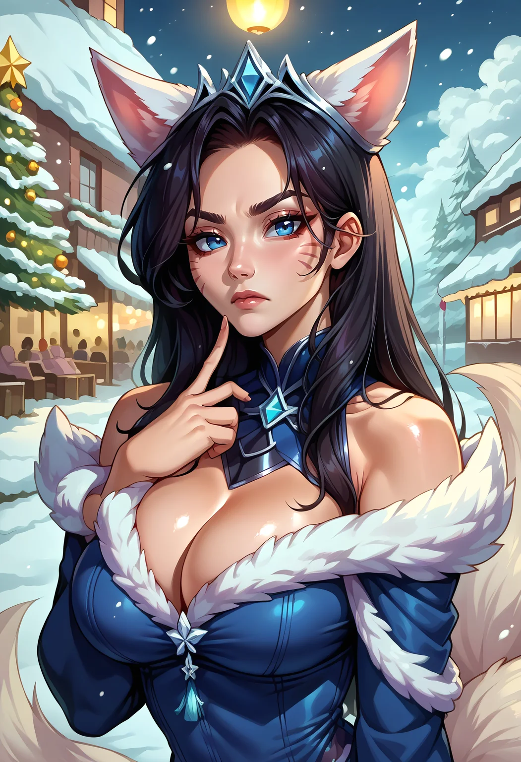 score_9, score_8_up, score_7_up, source_anime BREAK 1girl, solo, looking at viewer, upper body, close-up, 
<lora:Ahri_Midnight_pdxl_Incrs_v1:1>, ahrimidnght, animal ears, facial mark, fox tail, multiple tails, long hair, black hair, blue eyes, large breasts, choker, blue dress, fur trim, bare shoulders, cleavage, 
large breasts, skindentation, light frown, curious, finger to mouth, 
outdoors, cloudy sky, snow, snowing, christmas tree, festival,