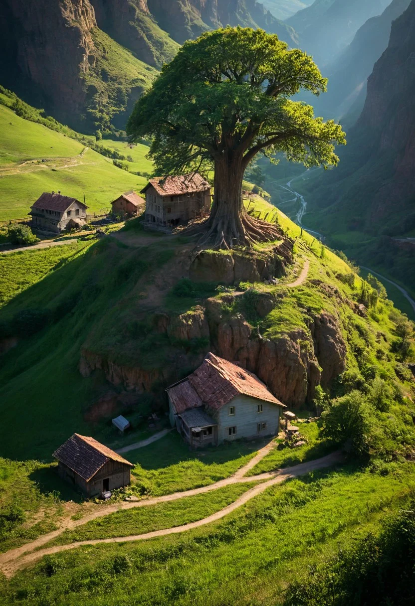 ultra HD, high quality, 4K, score_9, score_8_up, score_7_up, photo, extremely detailed, 8k, high quality, Source_photo, real photo, sharp, highly detailed and hyper realistic,masterpiece, masterpiece, best quality, vivid colors, high quality, RAW photo, masterpiece, best quality, 4k, giant tree planted from deep canyon surrounded green field and farm houses, light, blue sky, epic, cinematic colors, good rays, , detailmaximizer, midjourneyv6.1,