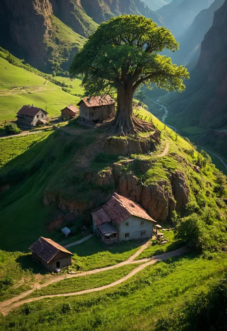 ultra HD, high quality, 4K, score_9, score_8_up, score_7_up, photo, extremely detailed, 8k, high quality, Source_photo, real photo, sharp, highly detailed and hyper realistic,masterpiece, masterpiece, best quality, vivid colors, high quality, RAW photo, masterpiece, best quality, 4k, giant tree planted from deep canyon surrounded green field and farm houses, light, blue sky, epic, cinematic colors, good rays, , detailmaximizer, midjourneyv6.1,