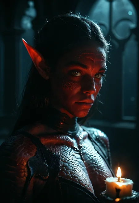 score_9, score_8_up, score_7_up, solo, female, demon, scales, portrait, holding candle, pitch black, dramatic lighting, dark, night, extreme darkness, deep shadows , dark ambiance, high contrast lighting, very low light, depth of field, highly detailed