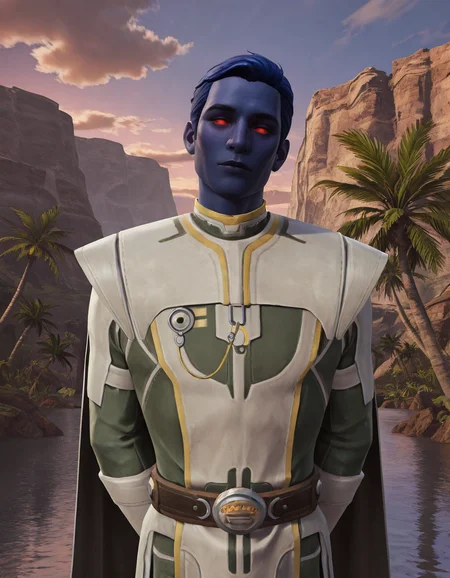 cinematic_depth, 8k, soft_lighting, warm_glow, ultra_high_quality, masterpiece, best quality, newest, perfect quality, best quality, detailed background, intricate details, male focus, realistic, <lora:SWTOR - Aristocra Saganu - Illustrious-000004:0.7>, swtor_saganu, 1boy, chiss, blue hair, very short hair, blue skin, red sclera, no pupils, glowing eyes, tunic, long cape, contrapposto, looking at viewer, outdoors, palm trees, water, cliffs, evening, cloudy sky, banners, plants, portrait, head tilt, arms behind back