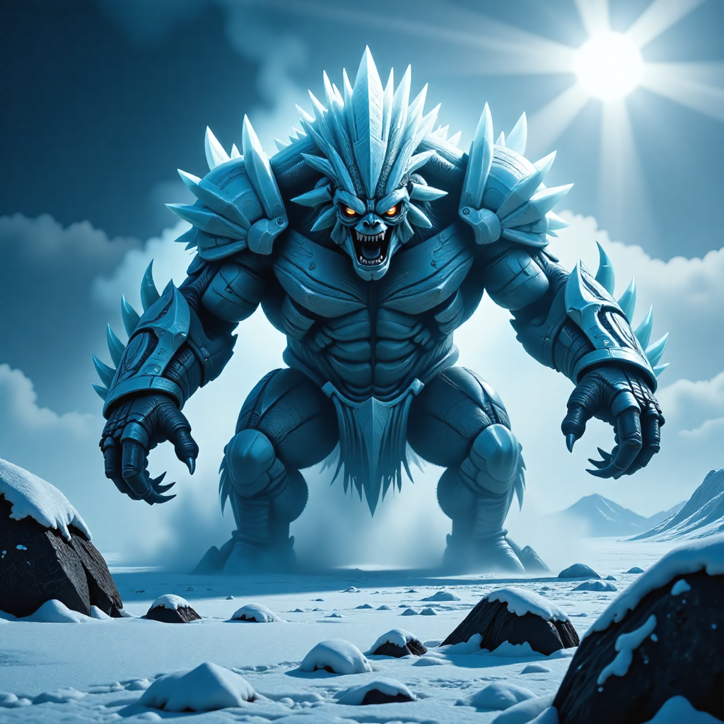 In a frozen landscape, a massive crystal ice monster bursts forth from beneath the ice. The monster is emerging during the middle of a blizzard, is only partially above the surface of the ice, its arms extending outward with large crystal claws, ready to strike. The atmospheric perspective emphasizes the creature's power and the icy environment, creating a sense of awe and danger. This image, with its dramatic lighting and intricate details, captures the essence of a mythical beast, leaving viewers captivated by its otherworldly beauty and the raw power it embodies within the frozen realm.  <lora:art and styles/FluxMythP0rtr4itStyle:1.0>, mythp0rt, <lora:flux/Magic of Art  2  (FLUX):1.0>, Cinematic style, Realism, Chiaroscuro, High quality,