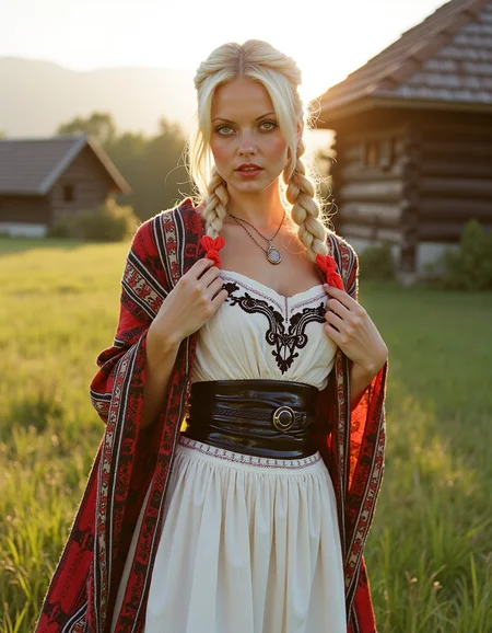 analog photography, shot by Kodak Duaflex II, ultra detailed, ultra quality, cinematic, a mesmerizing woman with platinum blond hair woven into an elegant braid, adorned with bright red ribbons, standing in a lush meadow. She wears a traditional Romanian blouse (ie) with intricate black and red embroidery, symbolizing fertility and protection. Her flowing white skirt features delicate floral lace along the hem, and a wide, beaded belt accentuates her waist. Over her shoulders, she drapes a vibrantly woven wool shawl with geometric patterns. Her gaze is soft and mysterious, her Slavic cheekbones illuminated by the golden sunset as she stands near a quaint wooden village. <lora:Janacovaxhres-grm80vx:1> jancov