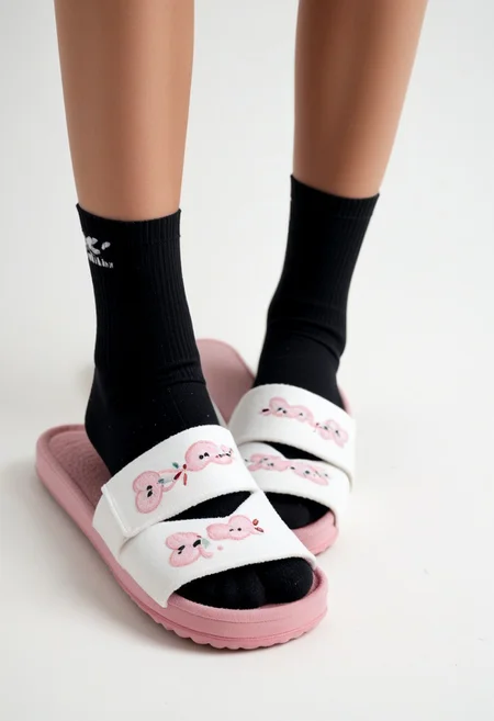 ((scksnsndls)), 1girl, solo, simple_background, white_background, black_socks, close-up, slippers, lower_body, footwear_focus