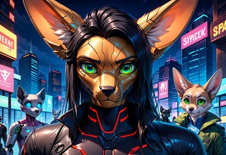 score_9, score_8_up, score_7_up, score_6_up, photorealistic, epiCPhotoGasm-colorfulPhoto, Realistic, highres, super high resolution, 8k, photo, furry, Furry, anthro, fur, male, fennec, brown fur, implanted eyes, robot face, robot face, he has gold plate on the head, implanted forehead, blue glowing eyes, metal head, gold forehead, metal eyes, sad, long black hair gathered in a long ponytail, black hair, metallic head, metal face, he has implanted face, close-up, long dark green thick coat, green coat, black leather shirt, black tight pants, long black hair, implants, implant eye, robot, furry, cyberpunk, night, cyber city, cyberpunk city, metallic eyes, metallic fur, robot, thin body, night, city, cyberpunk city, cyberpunk, realistic, detailed, detailed fur,