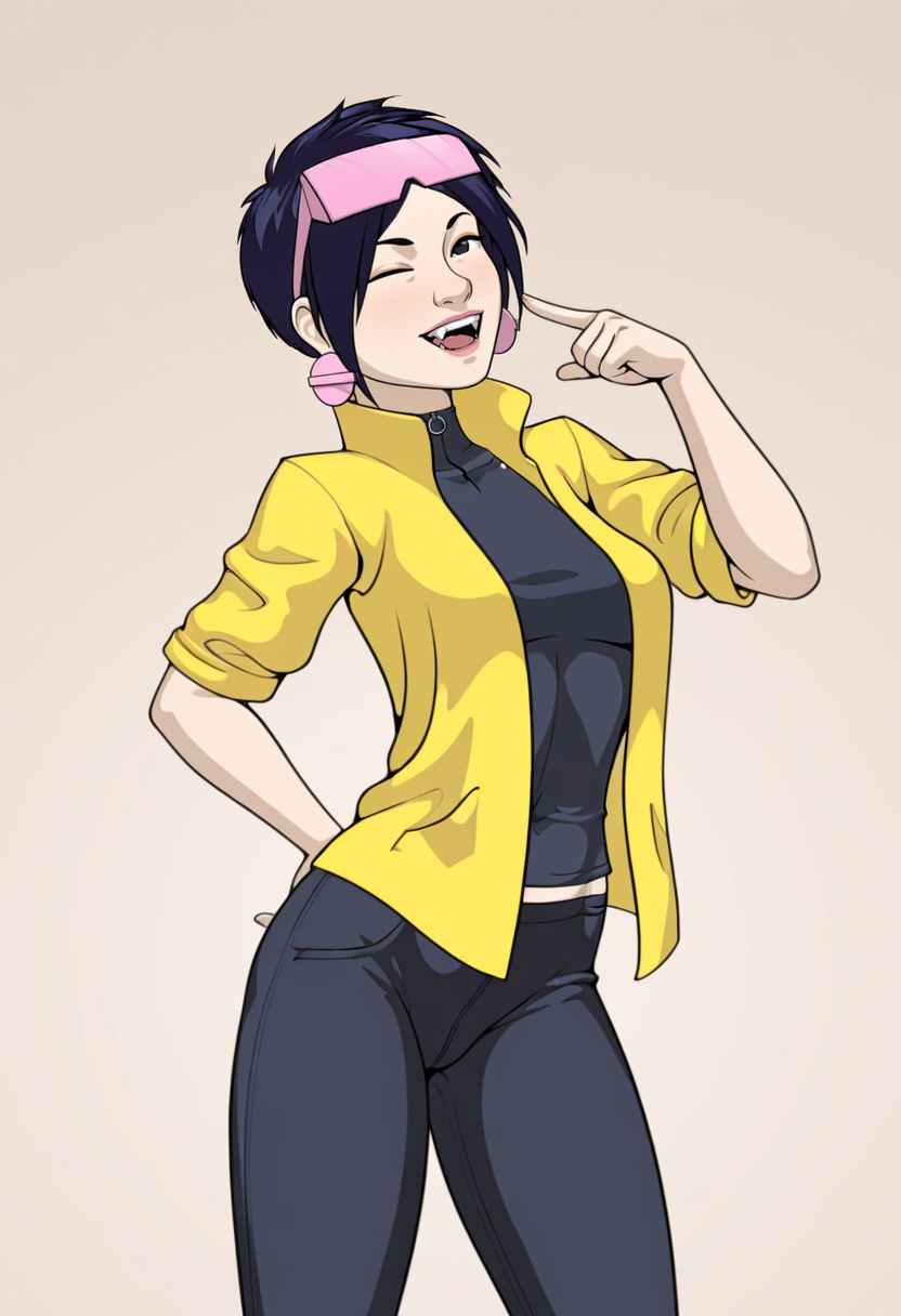 <lora:jubilee_rle_il:1> jubilee_rle, 1girl, 
solo, 
artist:oni_rle, 
black eyes, black hair, large pink earrings, 
fangs,
pink shades, 
yellow jacket, 
black pants, 
cowboy shot,
simple white background,
black shirt,
sexy pose,
looking at viewer, one eye closed,