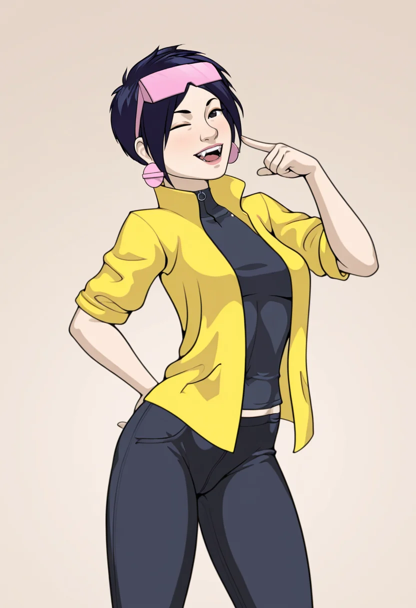 <lora:jubilee_rle_il:1> jubilee_rle, 1girl,
solo,
artist:oni_rle,
black eyes, black hair, large pink earrings,
fangs,
pink shades,
yellow jacket,
black pants,
cowboy shot,
simple white background,
black shirt,
sexy pose,
looking at viewer, one eye closed,