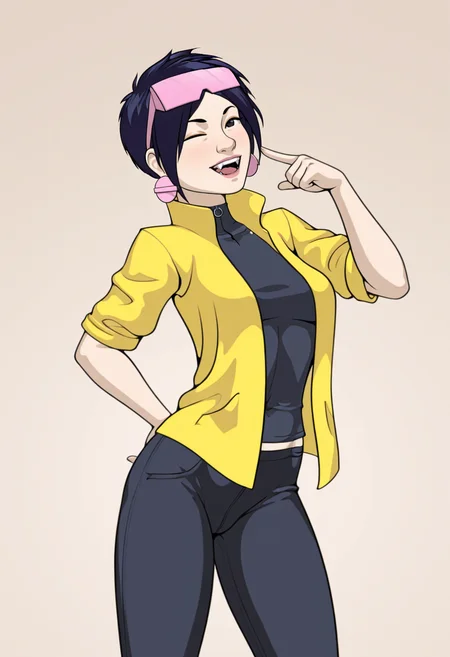 <lora:jubilee_rle_il:1> jubilee_rle, 1girl, 
solo, 
artist:oni_rle, 
black eyes, black hair, large pink earrings, 
fangs,
pink shades, 
yellow jacket, 
black pants, 
cowboy shot,
simple white background,
black shirt,
sexy pose,
looking at viewer, one eye closed,