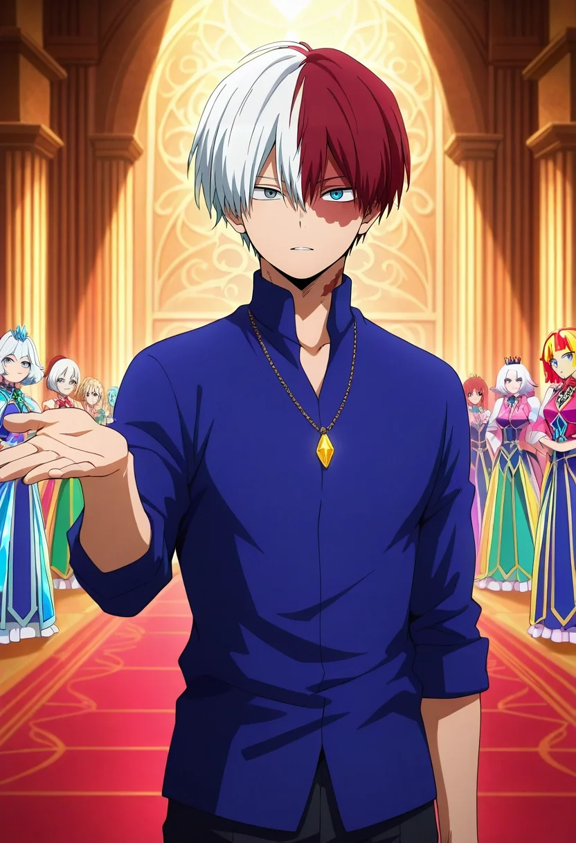 masterpiece, best quality, , anime screencap, , official style, , , 1boy, solo, male focus, <lora:shouto_todoroki_ilxl:0.9>, shouto_todoroki, white hair, red hair, grey eyes, blue eyes, heterochromia, short hair, hair between eyes, bangs, multicolored hair, two-tone hair, split-color hair, burn scar, scar on face, crystal palace, gem towers, light courts, rainbow halls, royal pose, dignified expression, prismatic light,