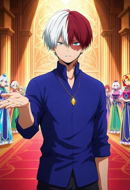 masterpiece, best quality, , anime screencap, , official style, , , 1boy, solo, male focus, <lora:shouto_todoroki_ilxl:0.9>, shouto_todoroki, white hair, red hair, grey eyes, blue eyes, heterochromia, short hair, hair between eyes, bangs, multicolored hair, two-tone hair, split-color hair, burn scar, scar on face, crystal palace, gem towers, light courts, rainbow halls, royal pose, dignified expression, prismatic light,