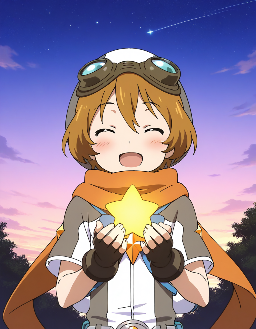 general,highres, ultra-detailed,very aesthetic,best quality ,best hands,  BREAK <lora:Elnath_Houkago_no_Pleiades_IS:1> Elnath(Pleiades), 1boy,solo, scarf, goggles, brown hair, goggles on head, short hair, aqua eyes, 
smile,male child, star (symbol), closed eyes, 
 open mouth, blush, gloves, fingerless gloves, solo focus, ^_^, :d
galaxy, sky,