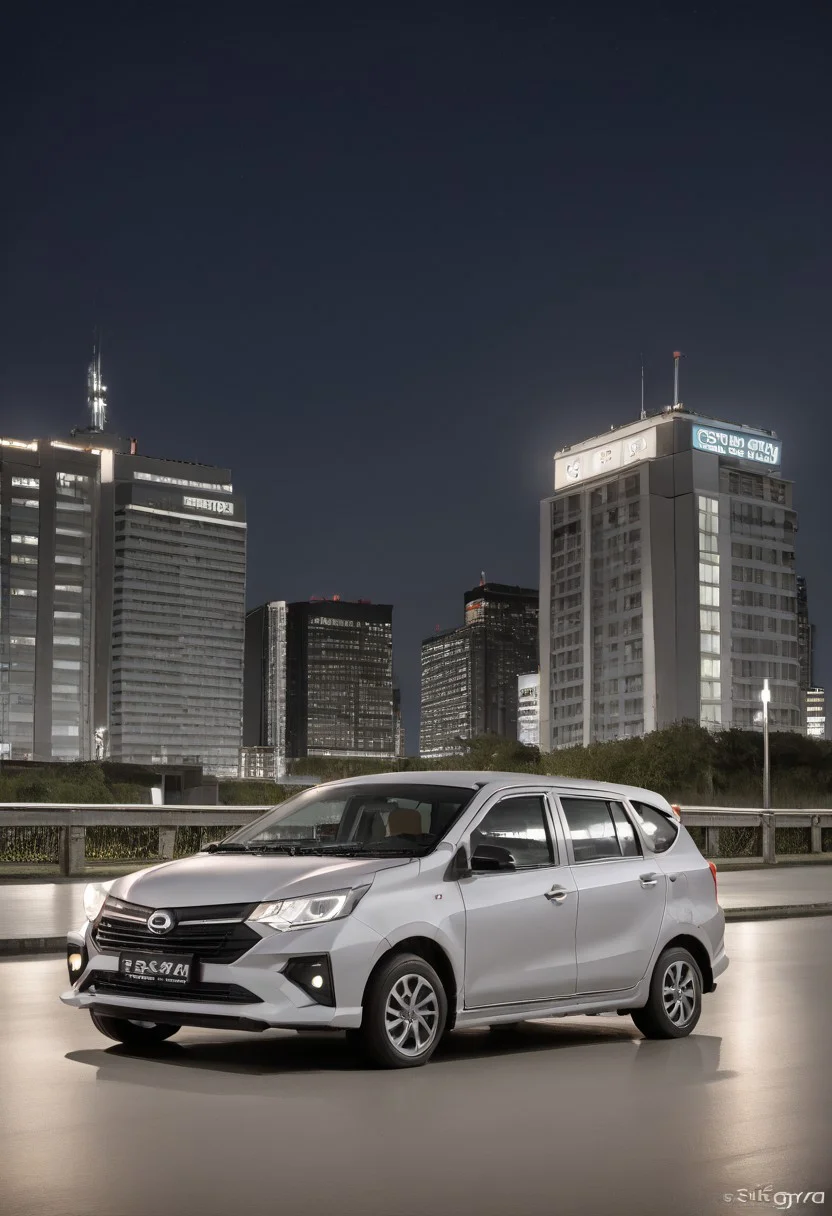 high resolution, best quality, Car, Daihatsu Sigra, City bridge, night, lit up,