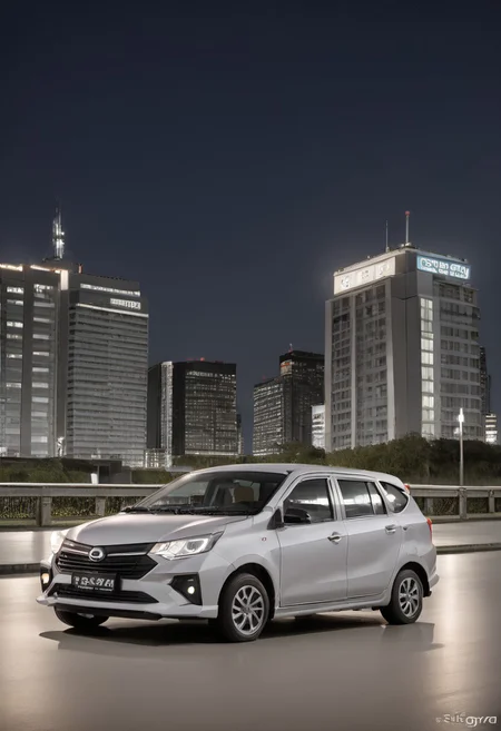 high resolution, best quality, Car, Daihatsu Sigra, City bridge, night, lit up,