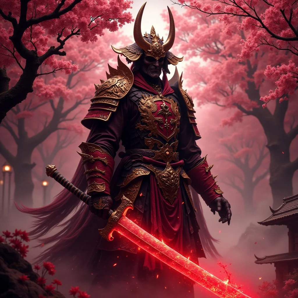 A dark demon warrior wearing a gold and red japanese samurai armor holding a giant red glowing Katana , japanese cherry blossom garten at night, red glowing light, cinematic, end boss scenery, FredFraiStyle