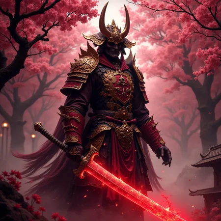 A dark demon warrior wearing a gold and red japanese samurai armor holding a giant red glowing Katana , japanese cherry blossom garten at night, red glowing light, cinematic, end boss scenery, FredFraiStyle