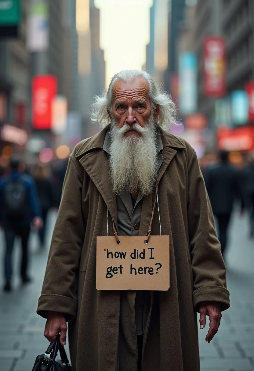 confused, worried, sad, anxious, an old frail man with a long beard in traveler robes looks around in a large city, he is lost, he has a sign hanging around his neck that says:"how did I get here?