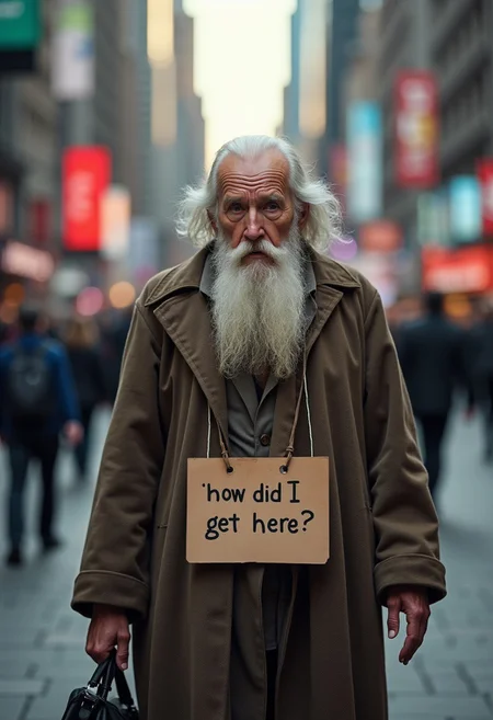 confused, worried, sad, anxious, an old frail man with a long beard in traveler robes looks around in a large city, he is lost, he has a sign hanging around his neck that says:"how did I get here?