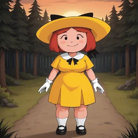 score_9, score_8, BREAK, solo, Madeline_Fogg, 1girl, solo, cute, black eyes, yellow hat with a black hair bow, yellow school dress, white gloves, red hair, white socks, black shoes, smile, outdoors, natural lighting, forest, trees, grass, orange sky, sunset, thick thighs, wide hips, lathe breasts, S4s4k1Nsfw, shortstack,